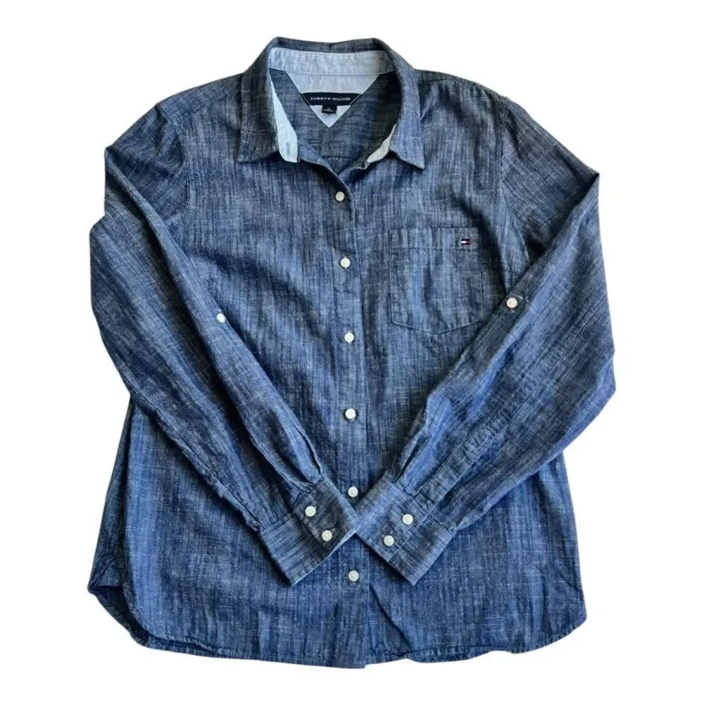 Tommy Hillfiger Women's Long Sleeve Chambray Button Down Roll Up Tab Shirt sz M